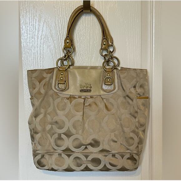 Coach Madison Julienne Beige Khaki Sand Optic Art Satin Satchel Tote Bag - Picture 1 of 10